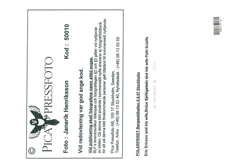 Bruce Springsteen and his wife Patti Scialfa in concert with Eric Ericson and his wife at the Polar Awards - Vintage Photograph