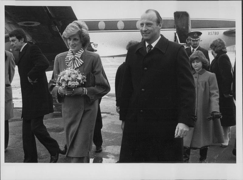 Crown Prince Harald welcomes Princess Diana on arrival in Norway - Vintage Photograph
