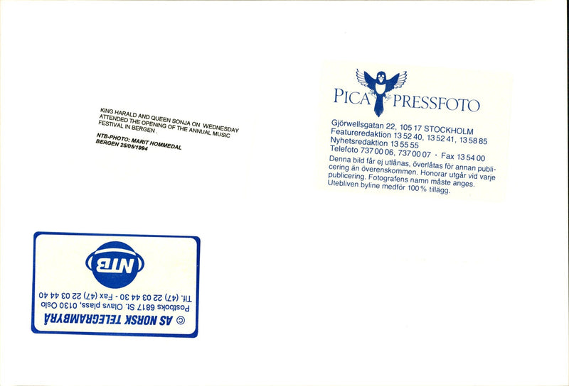 Queen Sonja and King Harald arrive at the annual music festival in Bergen. - Vintage Photograph