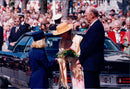 Queen Sonja and King Harald arrive at the annual music festival in Bergen. - Vintage Photograph