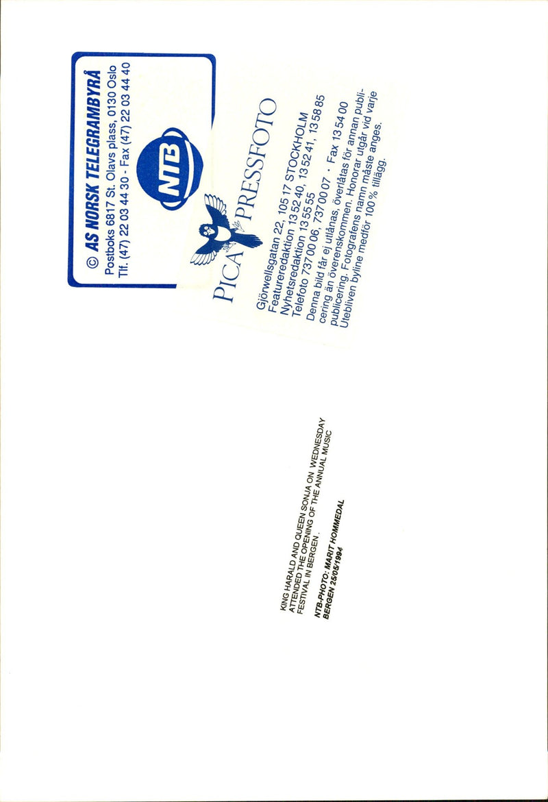 Queen Sonja and King Harald arrive at the annual music festival in Bergen. - Vintage Photograph