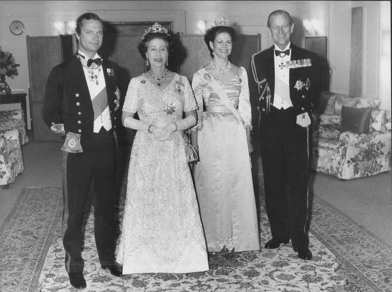 King Carl XVI Gustaf, Queen Elizabeth II, Queen Silvia and Prince Philip in conjunction with British Kingdom Pairs State Visit. - Vintage Photograph