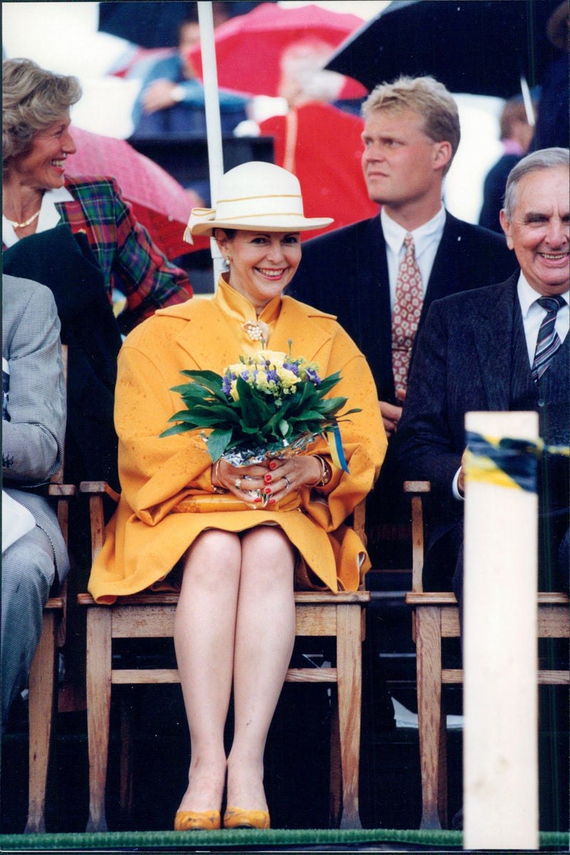 Queen Silvia in the audience with a white hat during the horse jumping at Ryttarstadion - Vintage Photograph