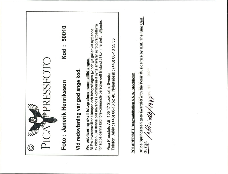 King Carl Gustaf divides the Polar Prize to Bruce Springsteen in the Berwald Hall - Vintage Photograph