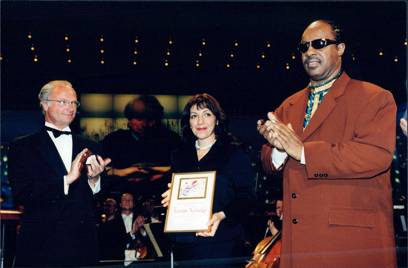 King Carl Gustaf handles the Polar Prize to the musician Stevie Wonder in the Berwald Hall - Vintage Photograph