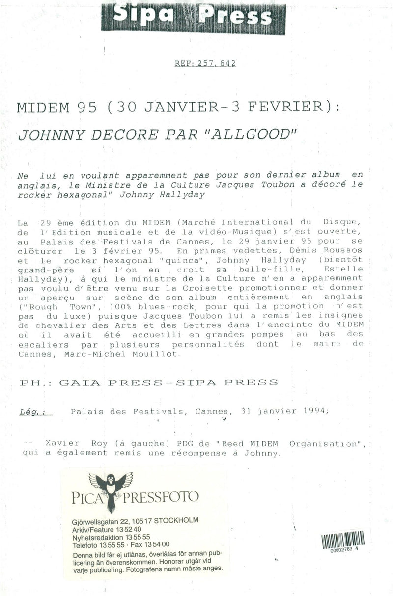 Xavier Roy and Johnny Hallyday in connection with a music gala in France. - Vintage Photograph