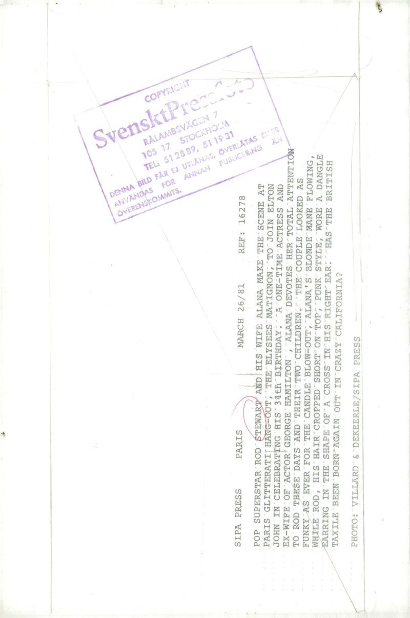 Rod Stewart and his wife Alan headed out in Paris night to celebrate his 34th birthday. - Vintage Photograph