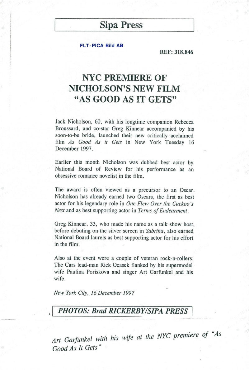 Art Garfunkel together with his wife Kathryn (Kim) Cermack Garfunkel during the premiere of &quot;As Good As It Gets&quot; - Vintage Photograph