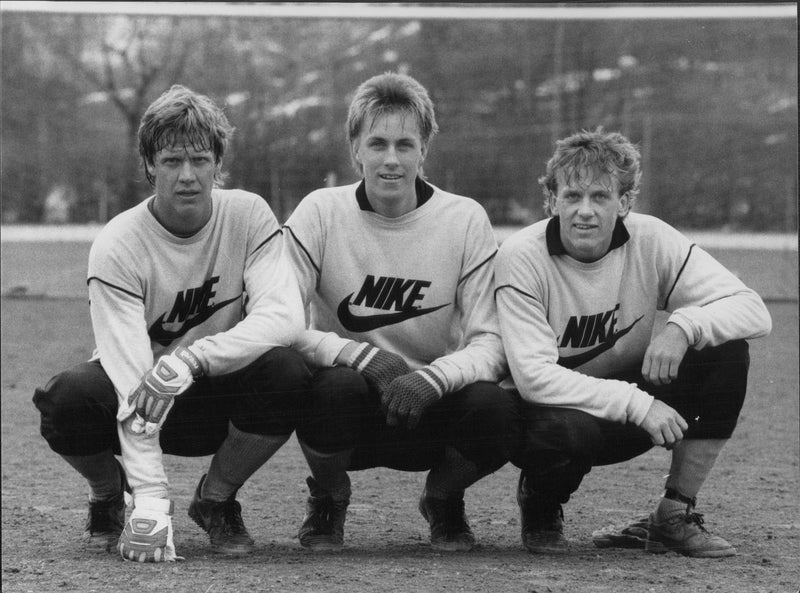 AIK football player Mats Olausson, Thomas Lundmark and Mats Rhodin - Vintage Photograph