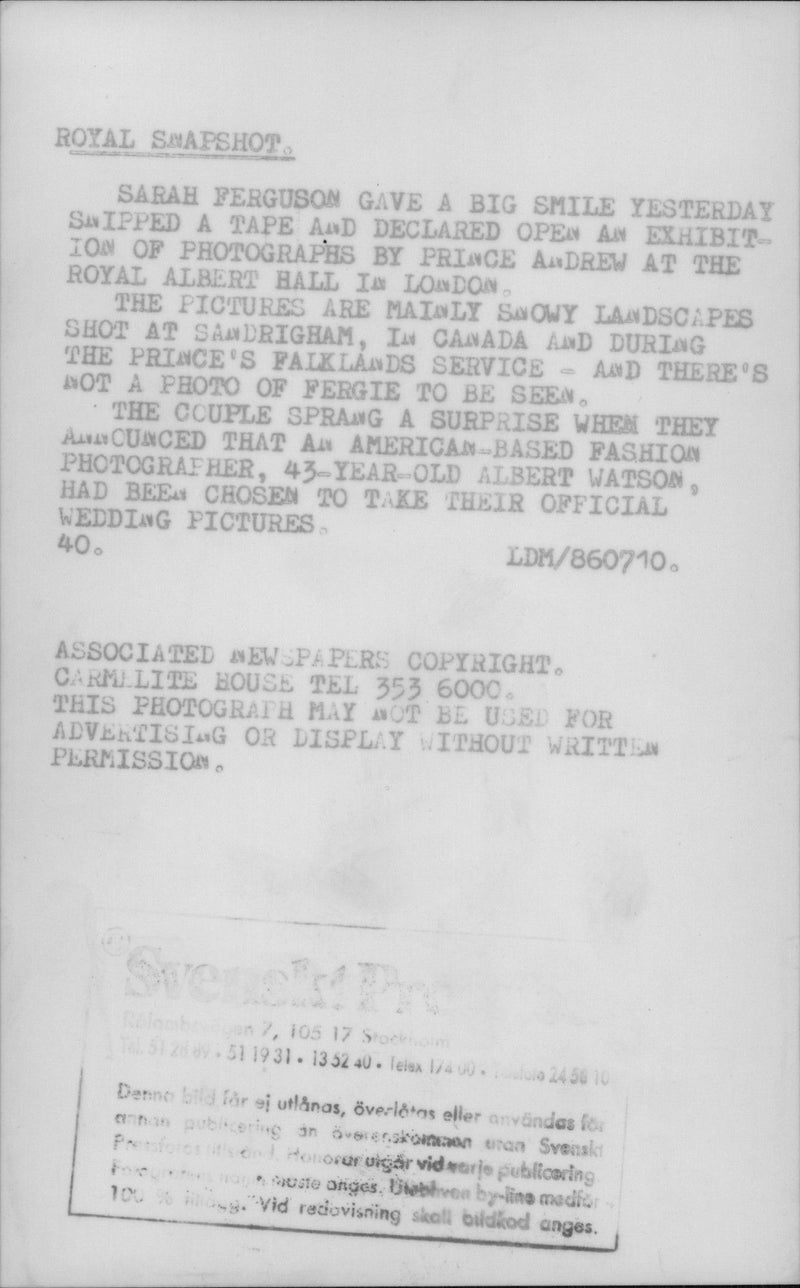 Sarah Ferguson has just cut the band and open an exhibition of Prince Andrews photos in the concert hall Royal Albert Hall - Vintage Photograph