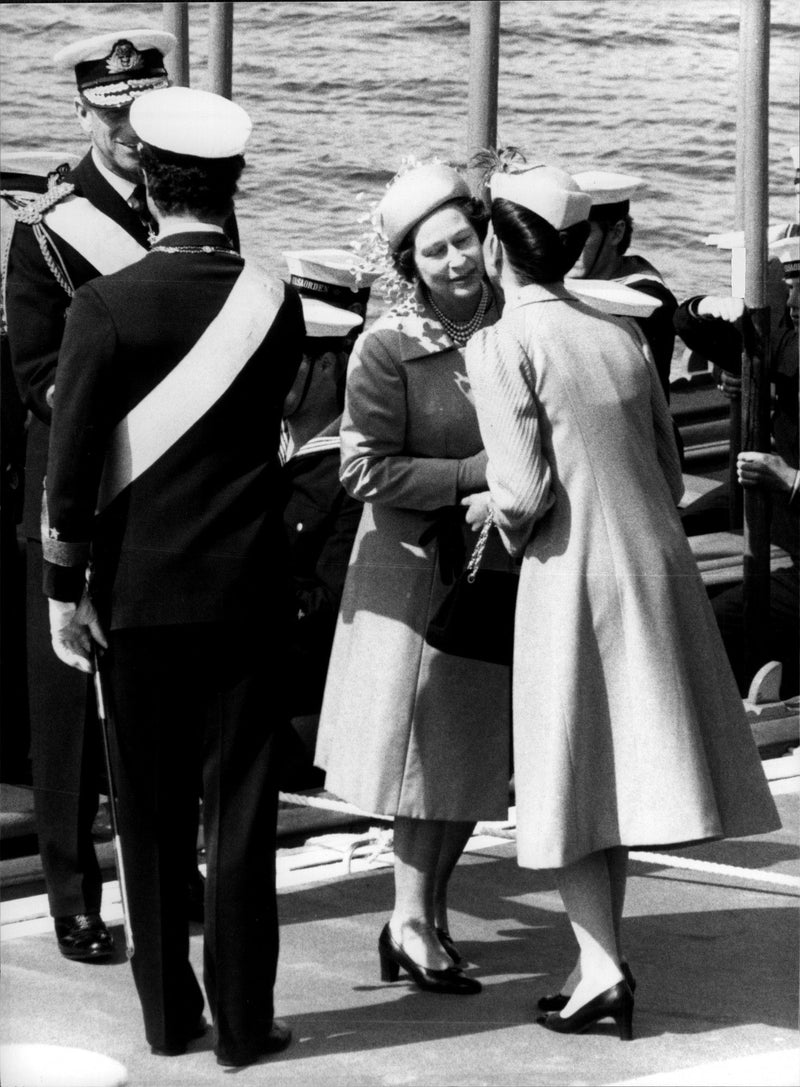 Queen Elizabeth II and Prince Philip greet Queen Silvia and King Carl XVI Gustaf - Vintage Photograph