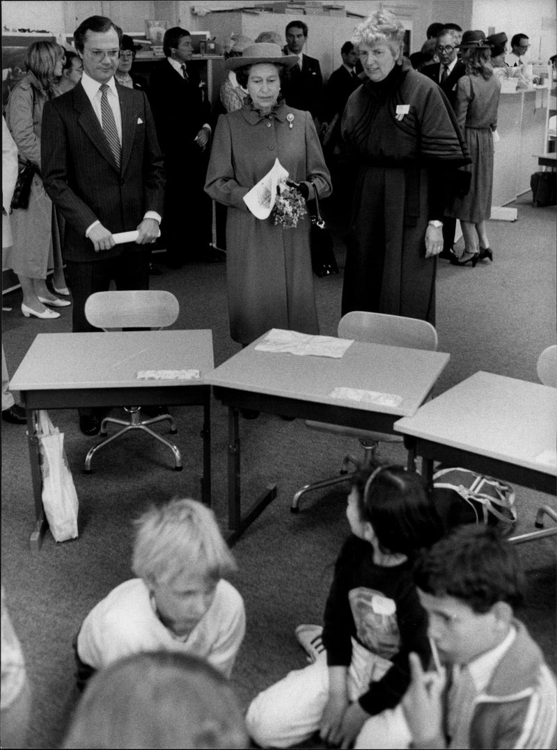 King Carl XVI Gustaf and Queen Elizabeth II visiting a school class - Vintage Photograph