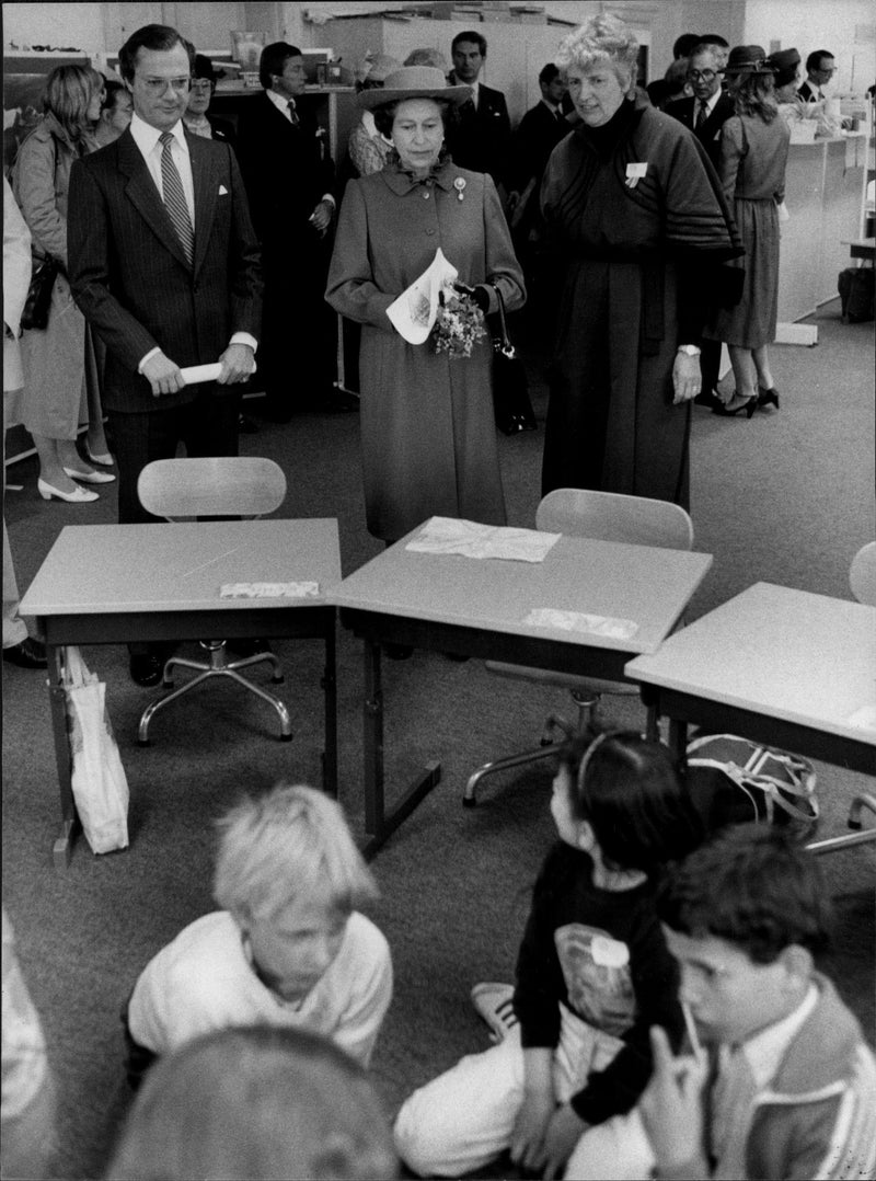 King Carl XVI Gustaf and Queen Elizabeth II visiting a school class - Vintage Photograph