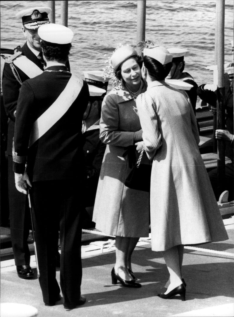 Queen Elizabeth II and Prince Philip greet Queen Silvia and King Carl XVI Gustaf - Vintage Photograph