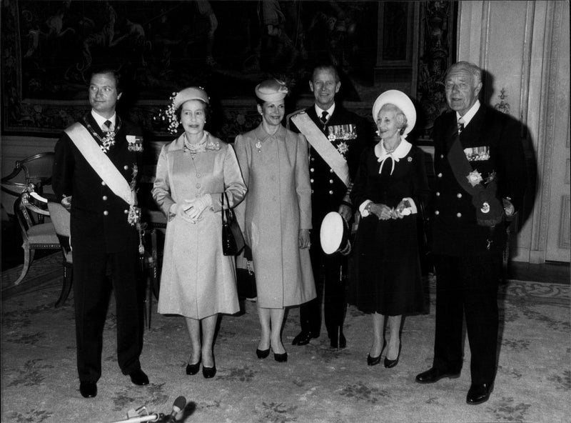 King Carl XVI Gustaf, Queen Elizabeth II, Queen Silvia, Prince Philip, Princess Lilian and Prince Bertil - Vintage Photograph