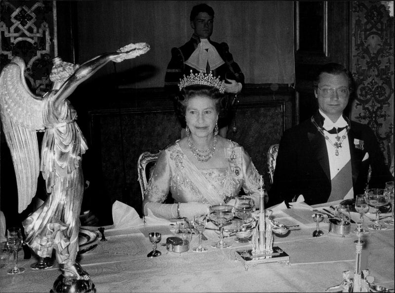 Queen Elizabeth II and King Carl XVI Gustaf during dinner at Stockholm Castle - Vintage Photograph