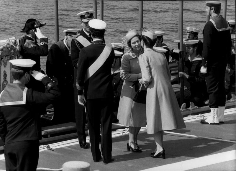 Prince Philip and Queen Elizabeth II are greeted by King Carl XVI Gustaf and Queen Silvia - Vintage Photograph