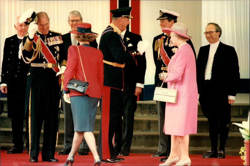 Queen Elizabeth II, Prince Philip, Prince Andrew and Prince Charles greet King Harald and Queen Sonja welcome to his state visit at Charlotte Square - Vintage Photograph