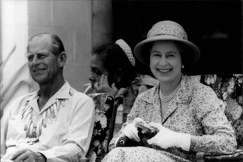 Prince Philip and Queen Elizabeth II during the resignation ceremony at Vaiaku Manepa - Vintage Photograph