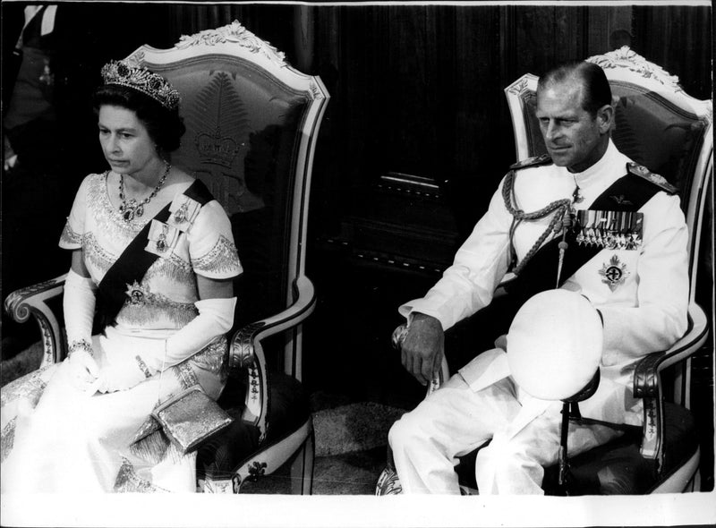 Queen Elizabeth II and Prince Philip at the opening of the New Zealand Parliament. - Vintage Photograph