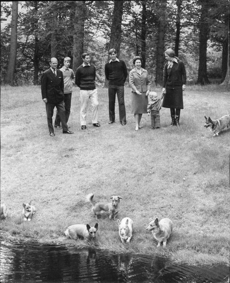 The English King Family. Prince Philip, Prince Edward, Prince Charles, Prince Andrew, Queen Elizabeth, Peter Phillips and Princess Anne - Vintage Photograph