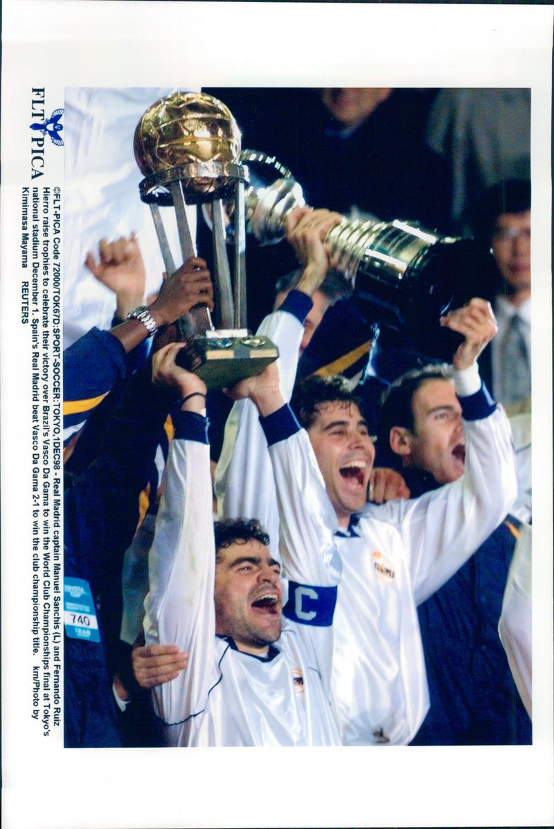 Real Madrid Manuel Sanchis and Fernando Ruiz Hierro celebrate the win against Vasco Da Gama in Japan - Vintage Photograph