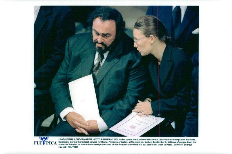 Luciano Pavarotti and Nicoletta Mantovani, at the funeral of Princess Diana - Vintage Photograph