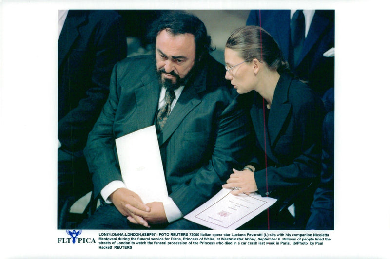 Luciano Pavarotti and Nicoletta Mantovani, at the funeral of Princess Diana - Vintage Photograph