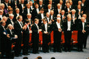 Kenzaburo Oe and the other winners of the Nobel Prize 1994, during the award ceremony in the Concert Hall. - Vintage Photograph