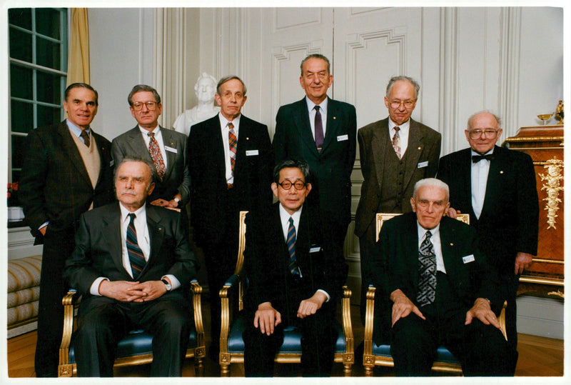 All winners of the Nobel Prize 1994. At the center of the front row, the Japanese writer Kenzaburo Oe, winner of the Nobel Prize in Literature. - Vintage Photograph