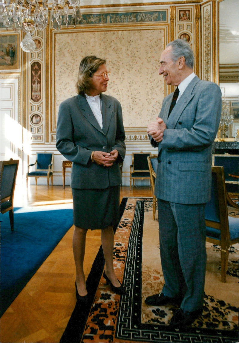 Israeli politician Shimon Peres in conjunction with Margaretha of Ugglas during his official visit to Sweden. - Vintage Photograph