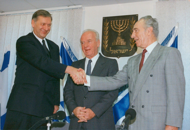 Israeli politician Shimon Pere together with Rabin and Yurgen Holst. - Vintage Photograph