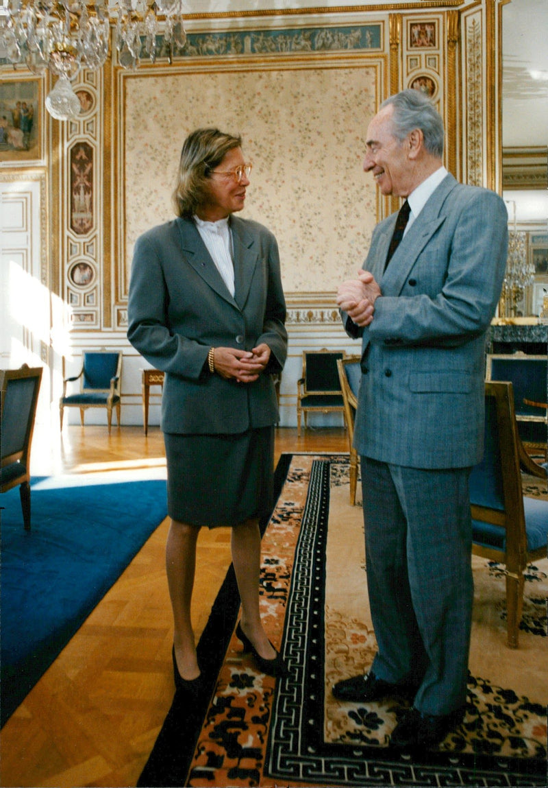 Israeli politician Shimon Peres in conjunction with Margaretha of Ugglas during his official visit to Sweden. - Vintage Photograph