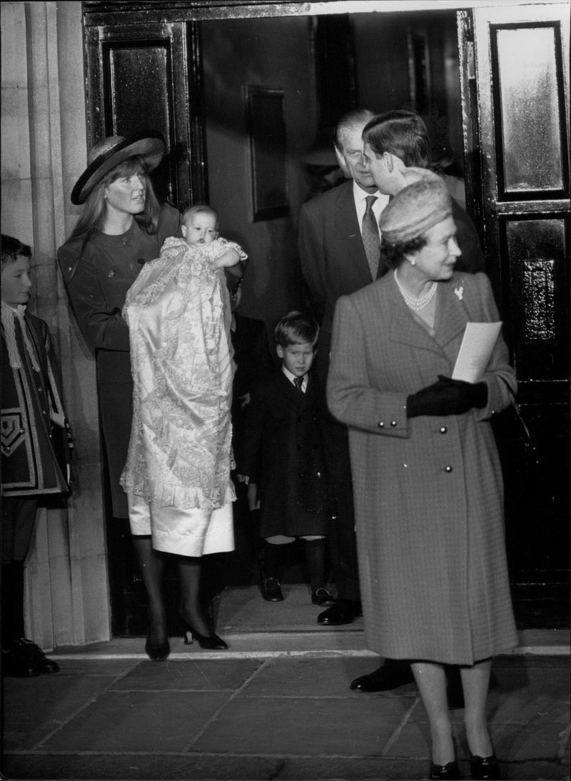 Sarah Ferguson with Princess Beatrice, Prince Harry and Queen Elizabeth II after Beatrice Baptism - Vintage Photograph