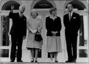 Queen Elizabeth and Prince Philip are welcomed by Federal President Richard von WizsÃ¤cker with wife Marianne while visiting Bonn - Vintage Photograph