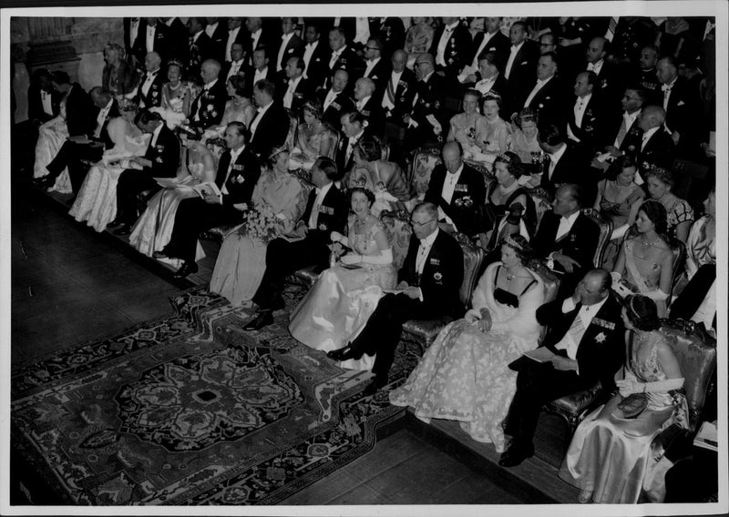 Kingdoms at Drottningholmsteatern: in the middle are Queen Elizabeth II and King Gustaf VI Adolf - Vintage Photograph