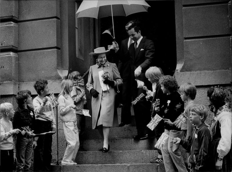 Queen Elizabeth II visiting school with King Carl XVI Gustaf - Vintage Photograph