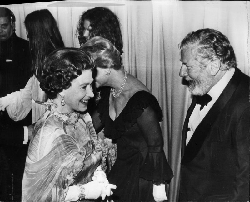 Queen Elizabeth II in concert with Peter Ustinov during charity film premiere at ABC Shaftesbury Avenue - Vintage Photograph