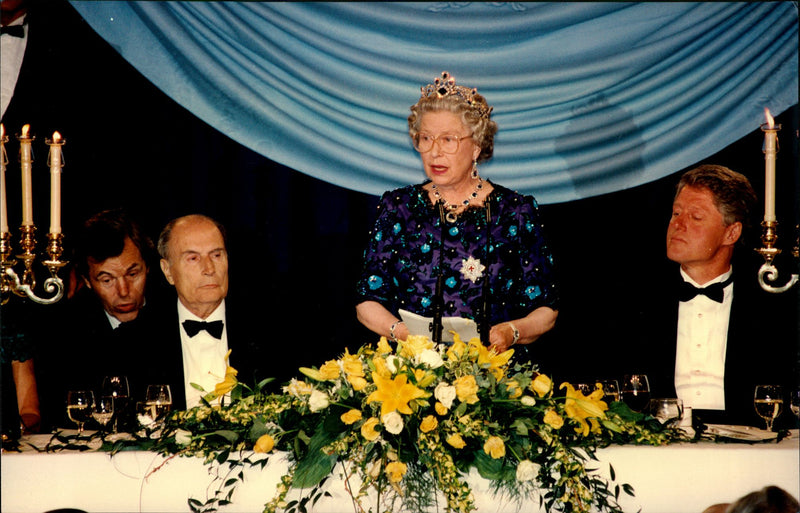 Queen Elizabeth II speaks briefly French President Francois Mitterand and President Bill Clinton - Vintage Photograph