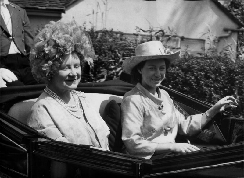 Queen Elizabeth, Queen Mother with Princess Margaret on arrival at Ascot - Vintage Photograph