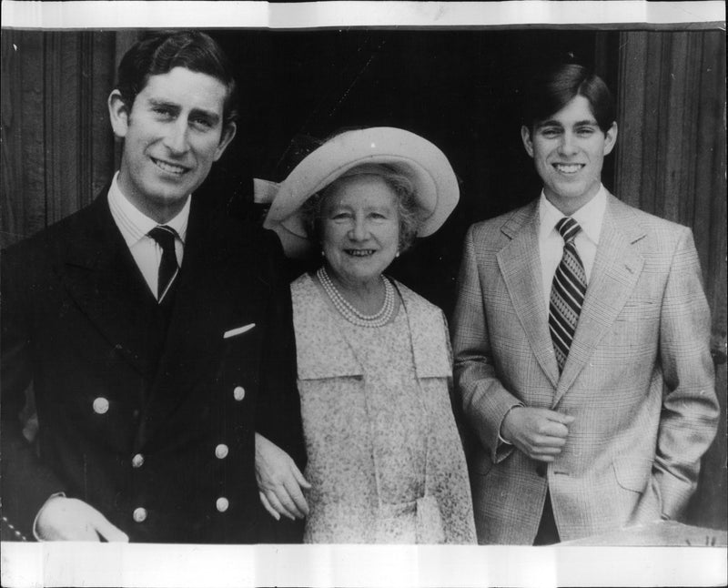 Queen Mother with Prince Charles and Prince Andrew at the celebration of her 75th birthday - Vintage Photograph