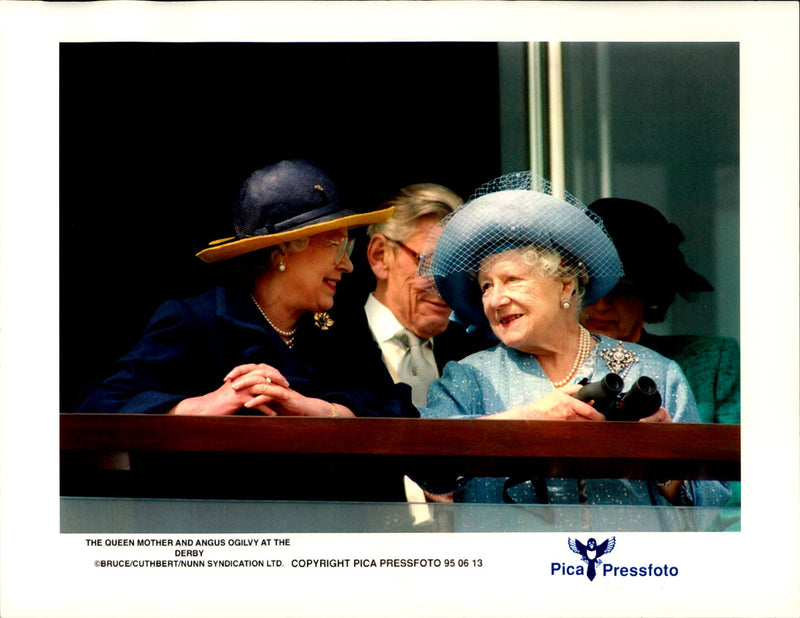 Mother and Daughter, Queen Elizabeth II and Queen Elizabeth. In the background see Sir Angus Ogilvy. - Vintage Photograph