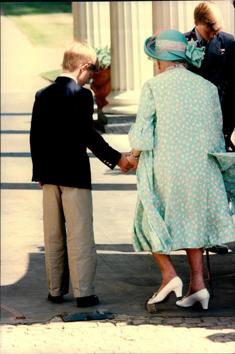 Queen Mother with Prince Harry and Prince William at the celebration of her 95th birthday - Vintage Photograph