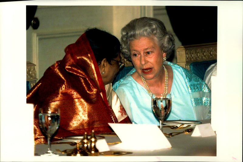 Queen Elizabeth II in conversation with woman while visiting India - Vintage Photograph