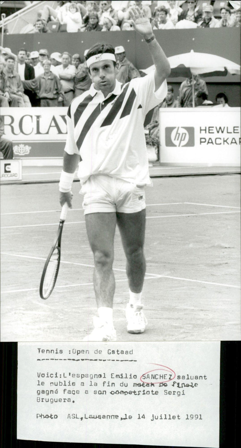 Spanish tennis player Emilio SÃ¡nchez waving to the audience at the Swiss Open - Vintage Photograph