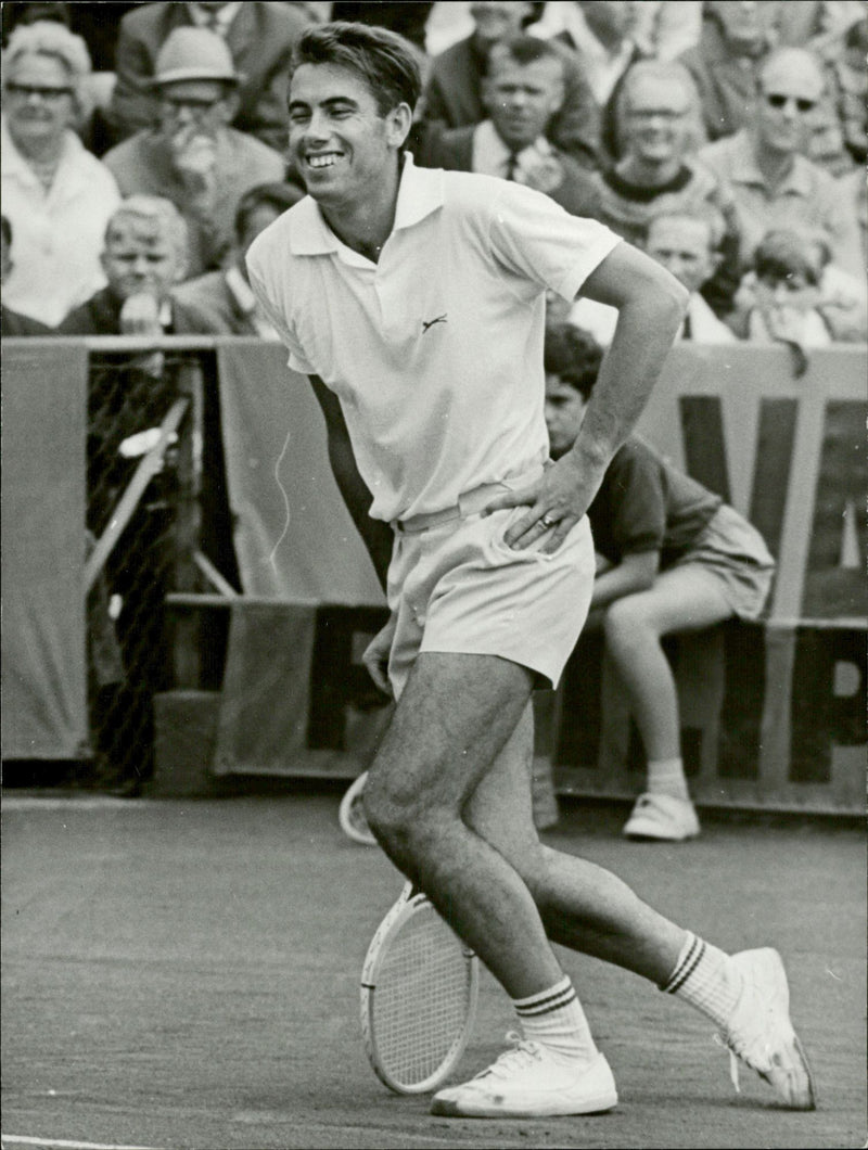 Action image of Manuel Santana taken in an unknown contest. - Vintage Photograph