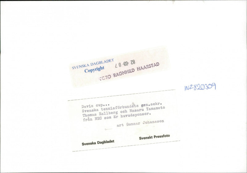 Swedish tennis federation general secretary Thomas Hallberg and Masaru Yamamoto from the main sponsor NEC - Vintage Photograph