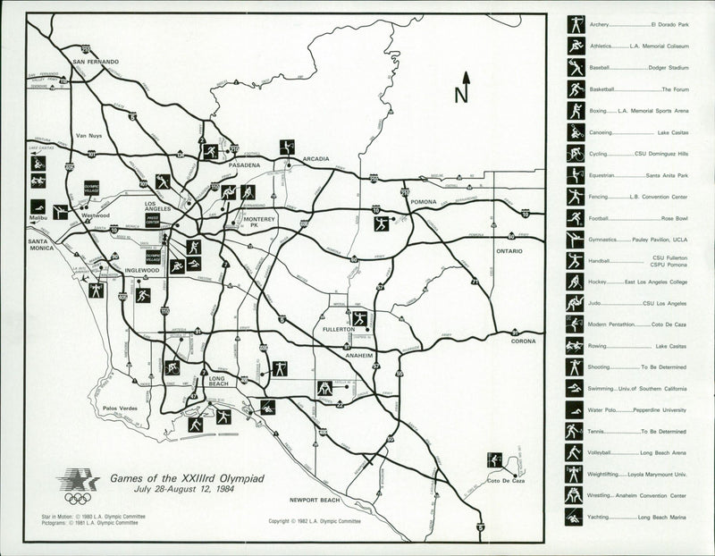 OS in Los Angeles 1984. A map showing the various venues in the Olympic Games - Vintage Photograph