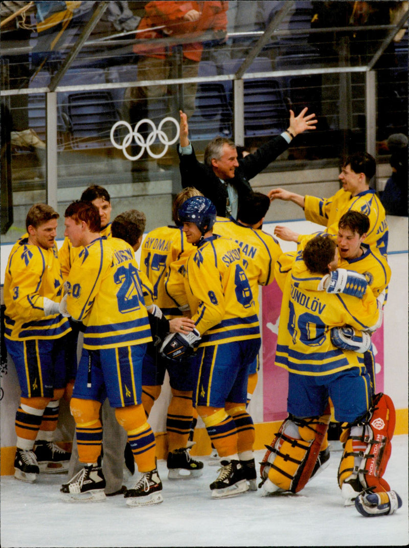 Olympic Games in Lillehammer - Ice Hockey Finals Sweden - Canada. Cheer for victory - Vintage Photograph