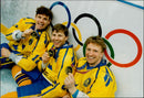 S in Lillehammer. Ice Hockey Finals Sweden - Canada. HÃ¥kan Loob, Mats NÃ¤slund and Tomas Johnsson keep up their gold medals - Vintage Photograph